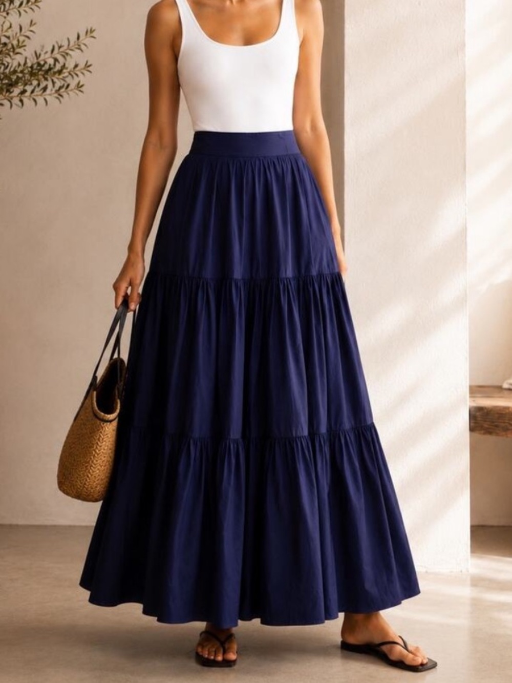 STAUD Navy Tiered Maxi Skirt